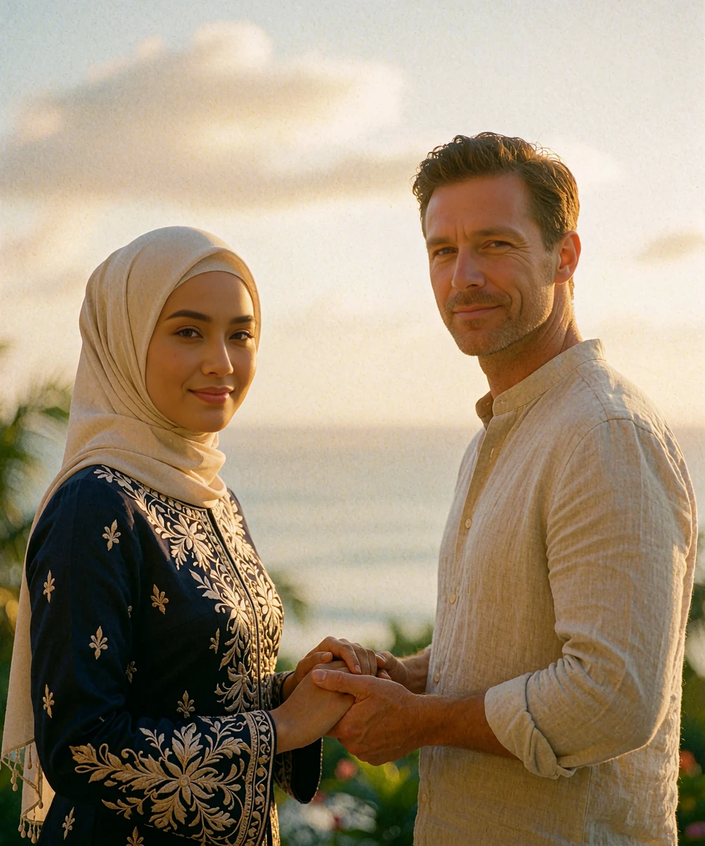 Bruneian woman in a modest embroidered gown standing beside a Western man on a tropical hotel terrace at sunset, hands gently joined