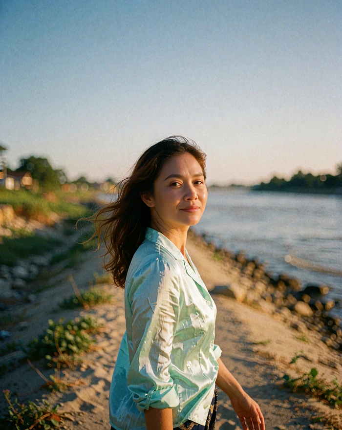 Myanmar woman in a soft mint blouse walking along a riverbank path and glancing back with a relaxed smile