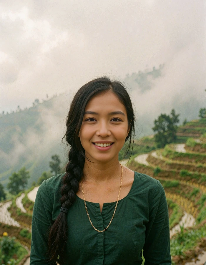 Nepali woman in a forest green blouse with a long plait standing before terraced hillside fields