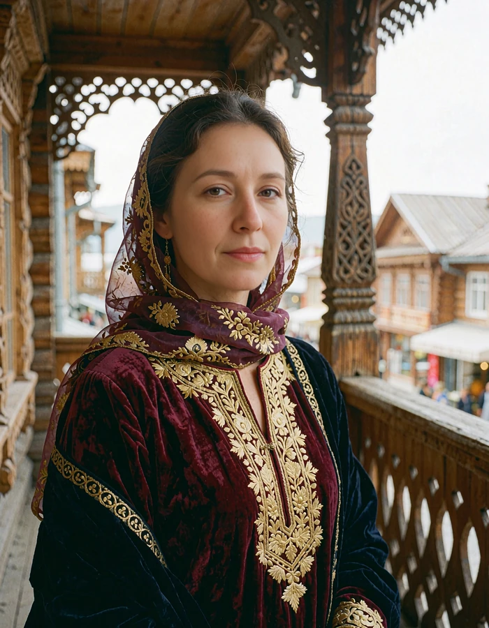 Pakistani woman in a deep maroon embroidered dress and sheer scarf on a carved wooden balcony