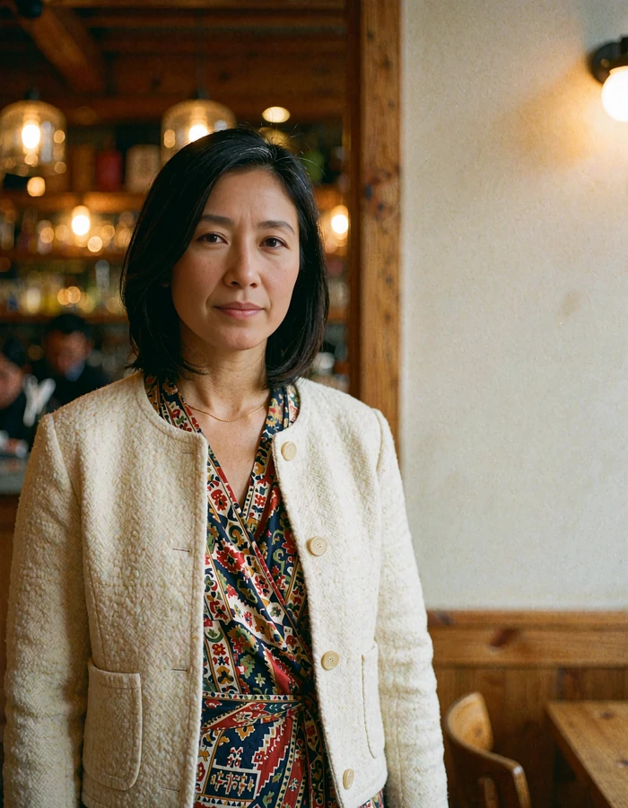 Bhutanese woman in a cream jacket over a patterned wrap seated in a timber-lined café
