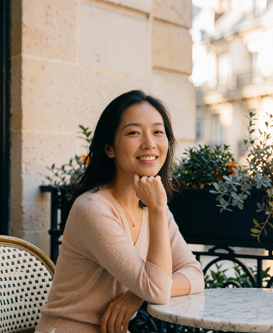 Asian woman smiling warmly at a marble café table on a quiet upscale terrace