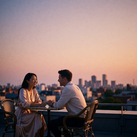 Couple seated facing each other at a rooftop table in conversation at sunset