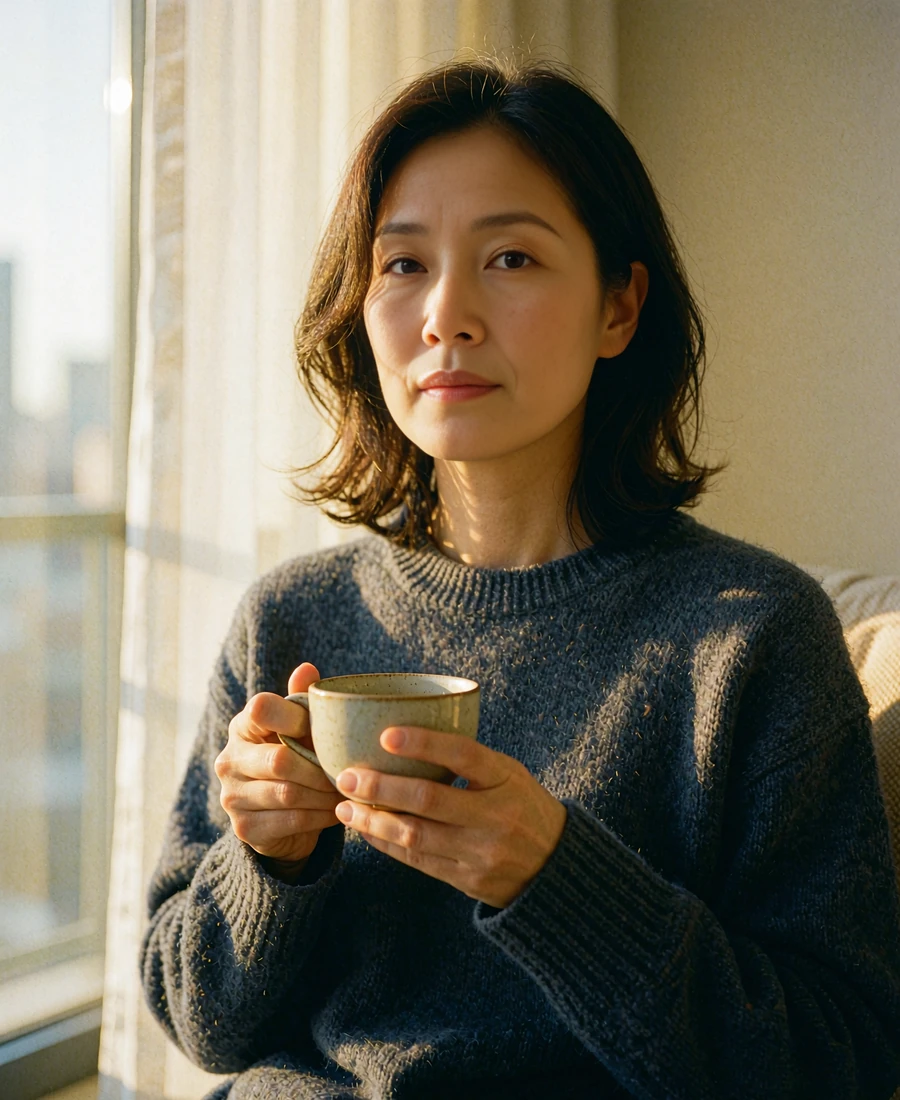Thoughtful Korean woman in a charcoal knit sweater seated near a window with a cup of tea
