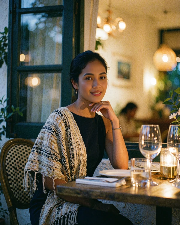 Timorese woman in a dark dress with a woven shawl seated at a restaurant table by a window