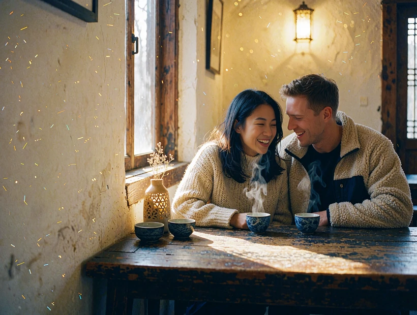 Couple sharing warm drinks and easy laughter at a wooden mountain teahouse table