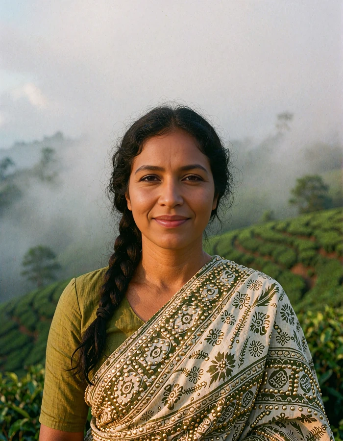 Sri Lankan woman in an olive green blouse standing before misty hill-country tea terraces