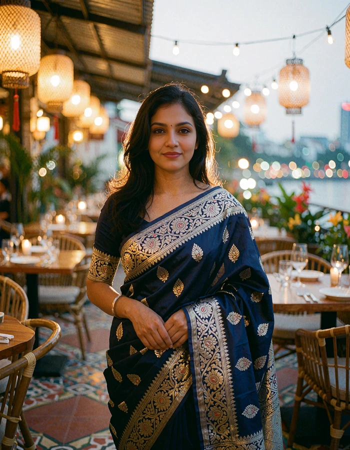 Bangladeshi woman in a navy blue saree with silver-gold thread work on a restaurant terrace at dusk