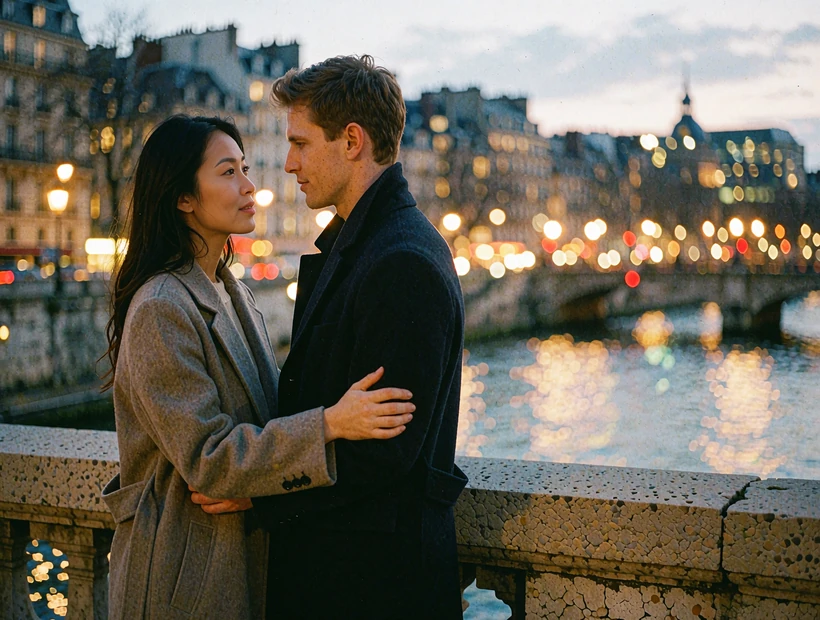 Couple standing close together on a city bridge at dusk with river lights behind them