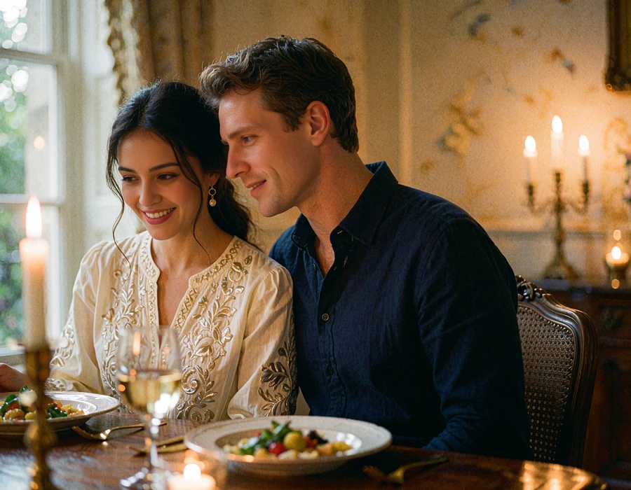 Tajik woman in a cream embroidered blouse smiling beside a Western man at a warmly lit dinner table