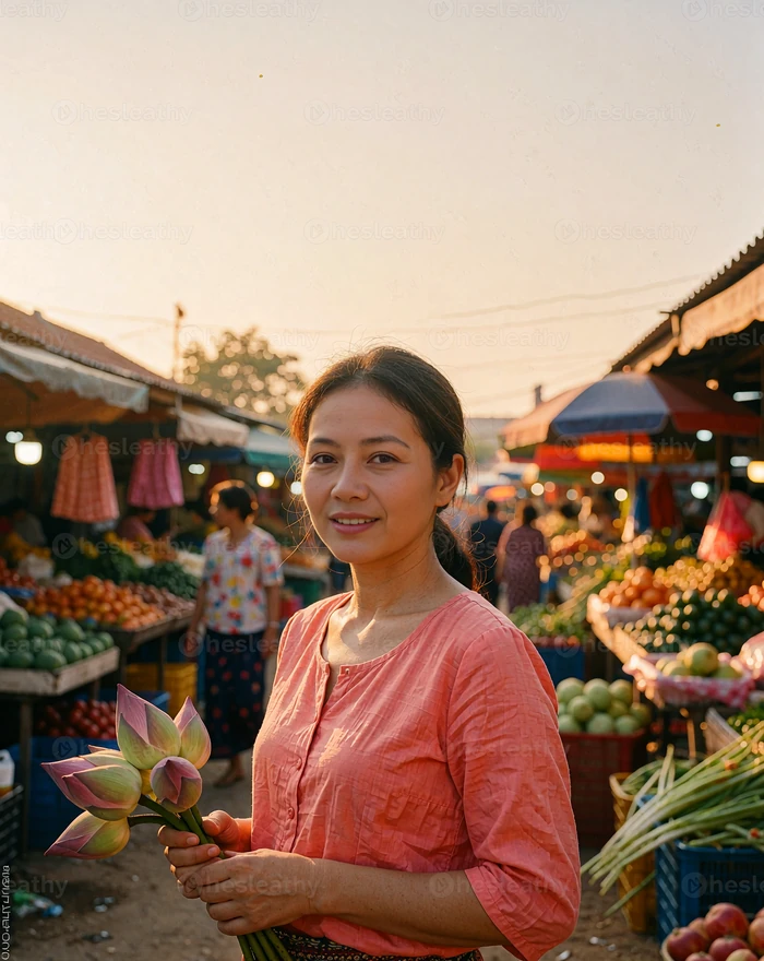 Cambodian woman in a soft coral top holding lotus buds in an open-air market