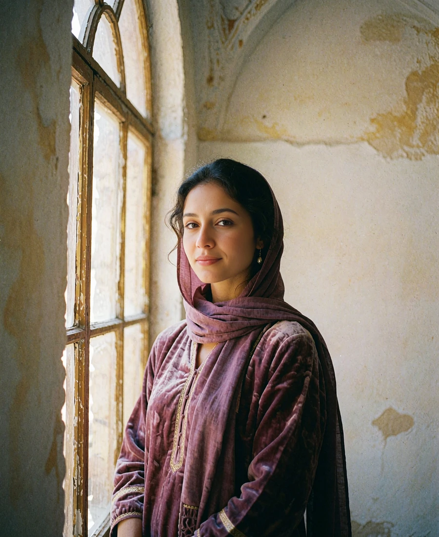 Tajik woman in a plum silk tunic with gold trim standing beside a tall arched window in soft daylight