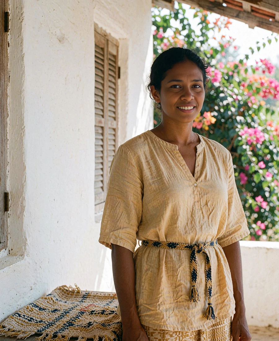 Timorese woman in a sand-toned blouse with a hand-woven belt smiling on a shaded veranda