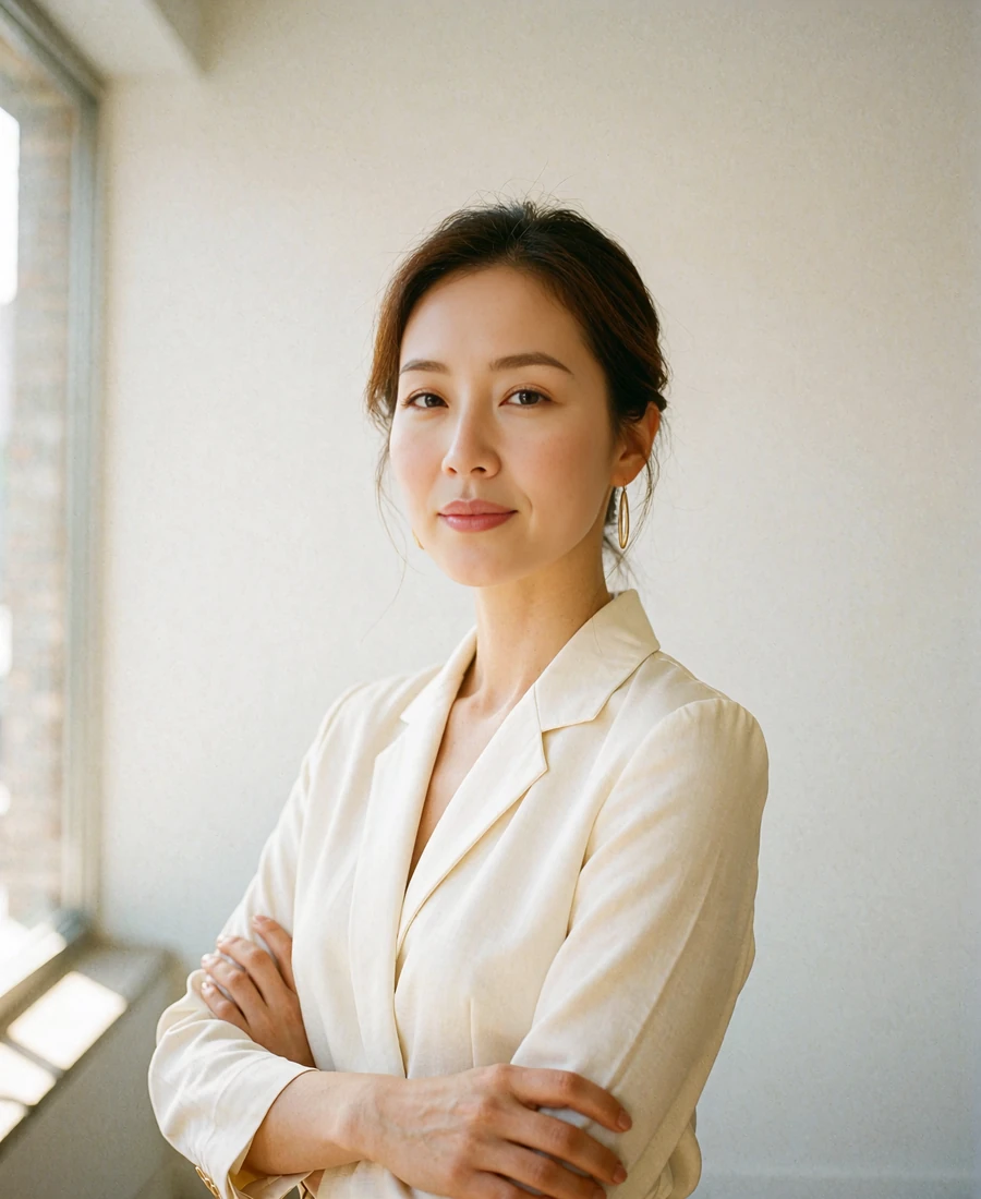 Korean woman in an ivory blouse smiling confidently in a bright minimalist studio
