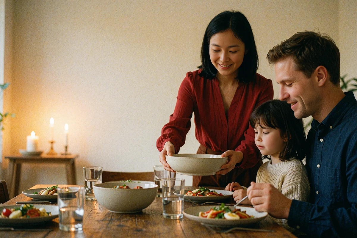 Small mixed family gathered around a dinner table, an Asian woman passing a serving bowl beside her partner and their child
