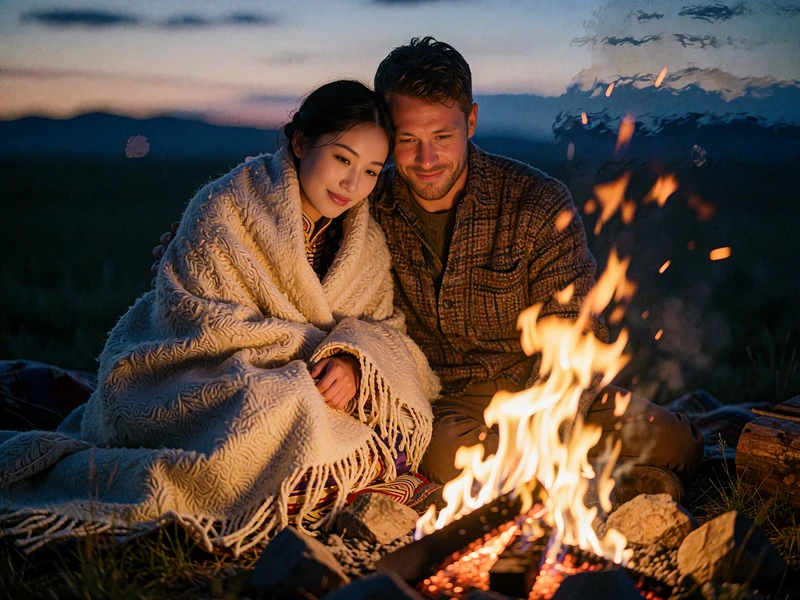 Mongolian woman wrapped in a wool blanket leaning against a Western man beside an outdoor fire at dusk