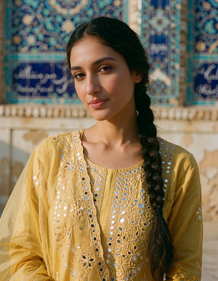 Pakistani woman in a saffron kameez with mirror embroidery beside a blue-tiled shrine wall in Multan