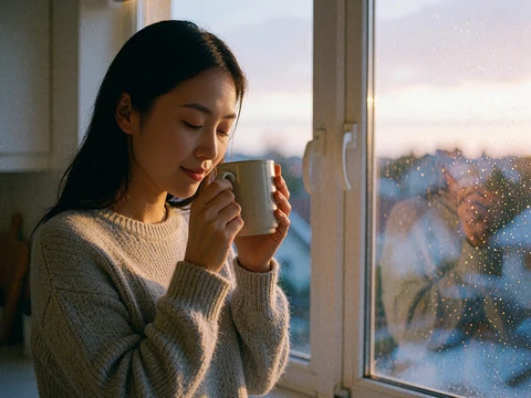 Young Asian woman in a grey knit sweater holding a ceramic mug near a bright kitchen window at morning