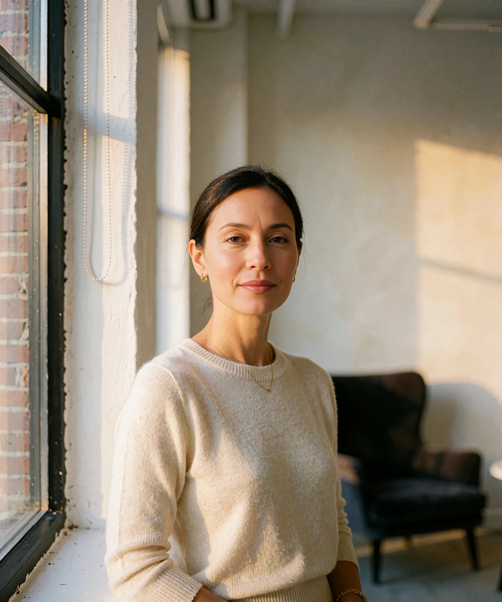 Poised Asian woman in a cream knit standing calmly near a window in a bright modern office lounge