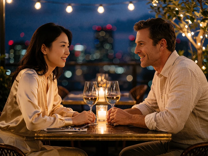 Japanese woman in a silk blouse seated across a small table from a Western man at a rooftop restaurant
