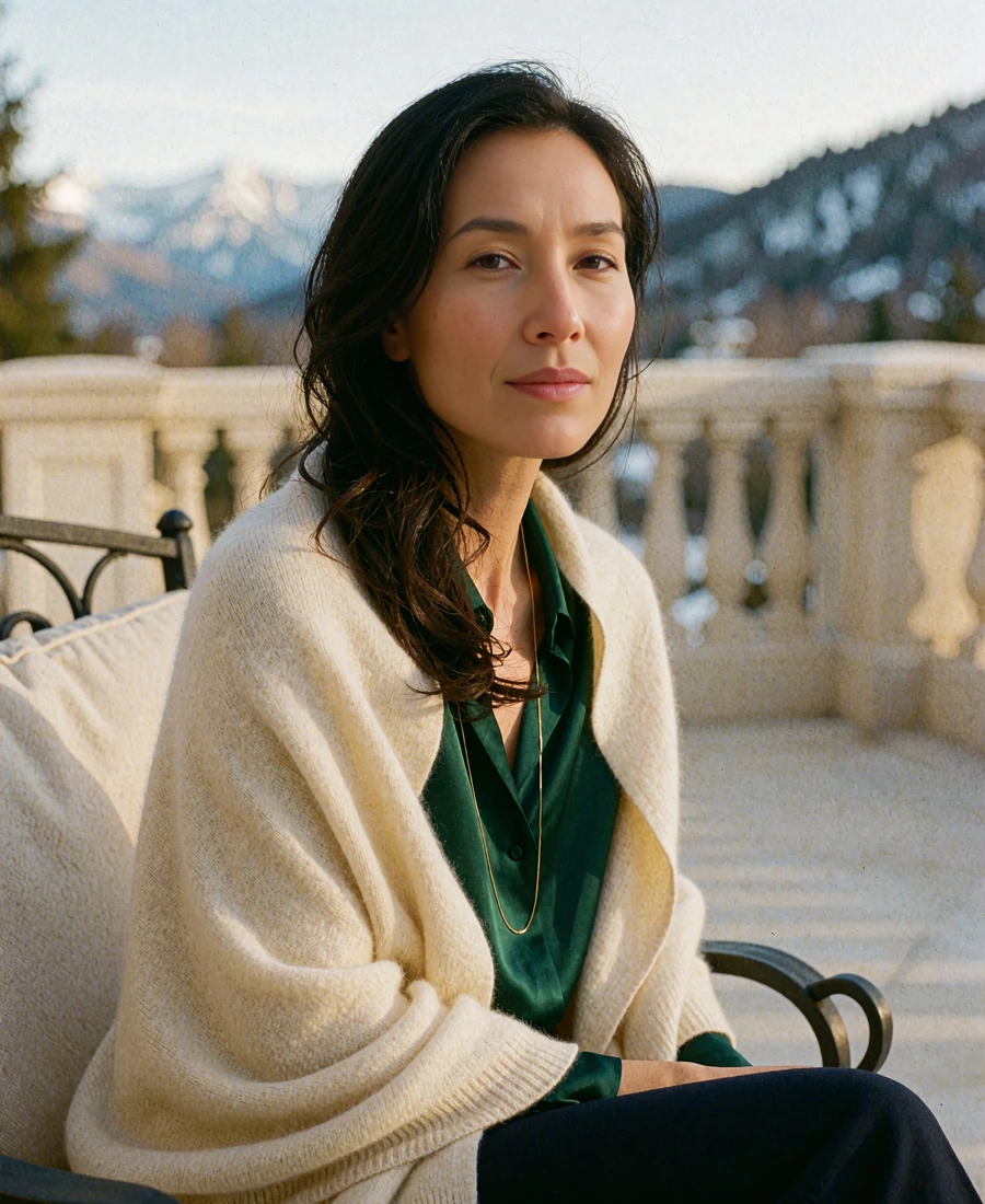 Kazakh woman in a cream wrap and emerald blouse seated on an upscale terrace with mountains in the background