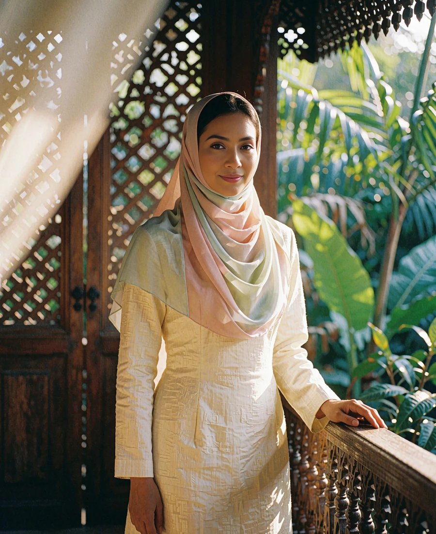 Bruneian woman in a cream tunic and pastel headscarf standing on a shaded veranda beside a carved timber railing