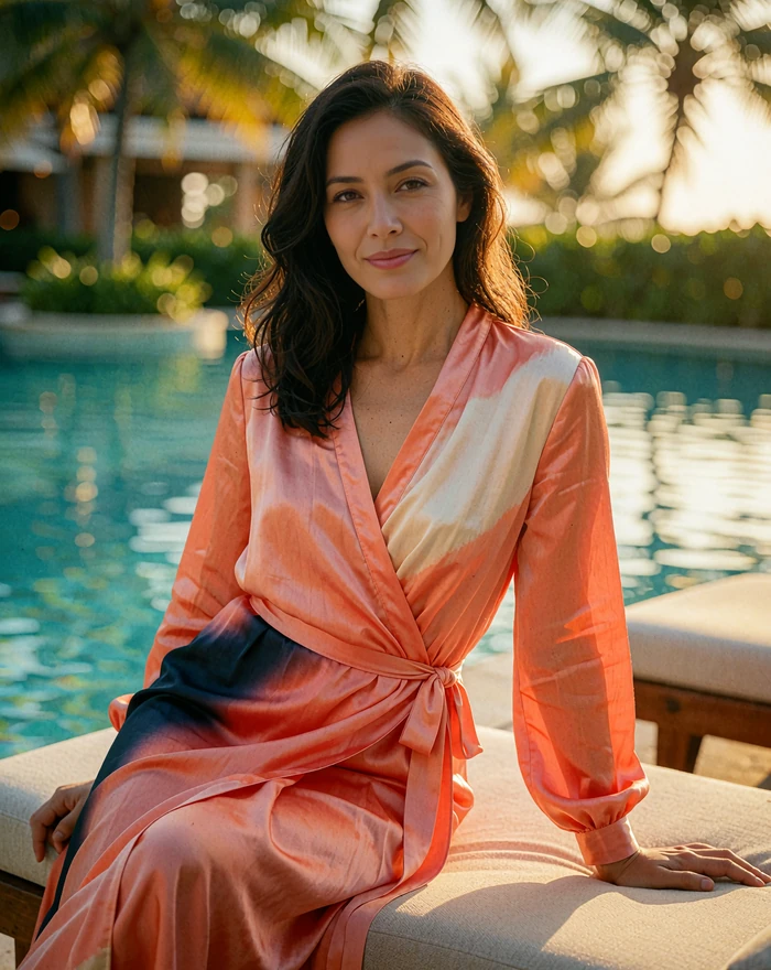 Indonesian woman in an elegant coral wrap dress seated beside a luxury resort pool in the late afternoon