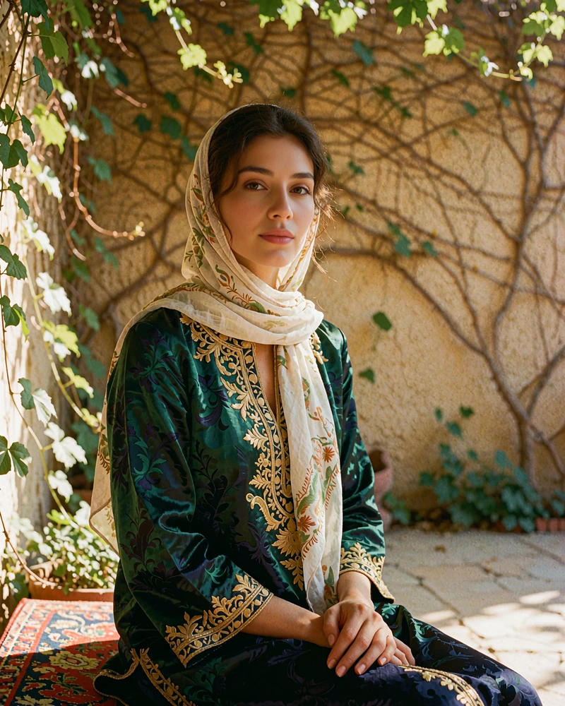 Tajik woman in an emerald embroidered tunic seated on a shaded terrace with a calm expression
