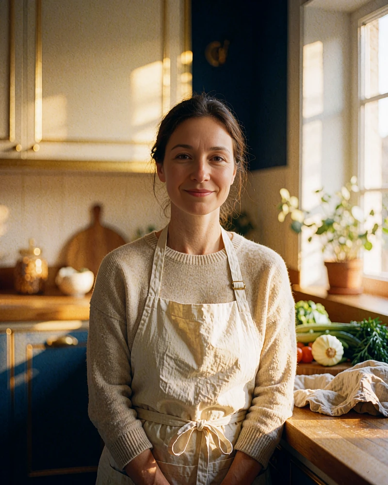 Korean woman in a beige apron smiling naturally at a bright home kitchen counter