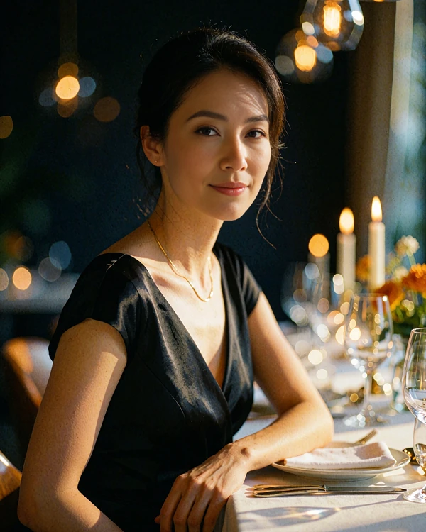 Singaporean woman in an elegant black dress with a slim gold necklace seated at a fine dining table