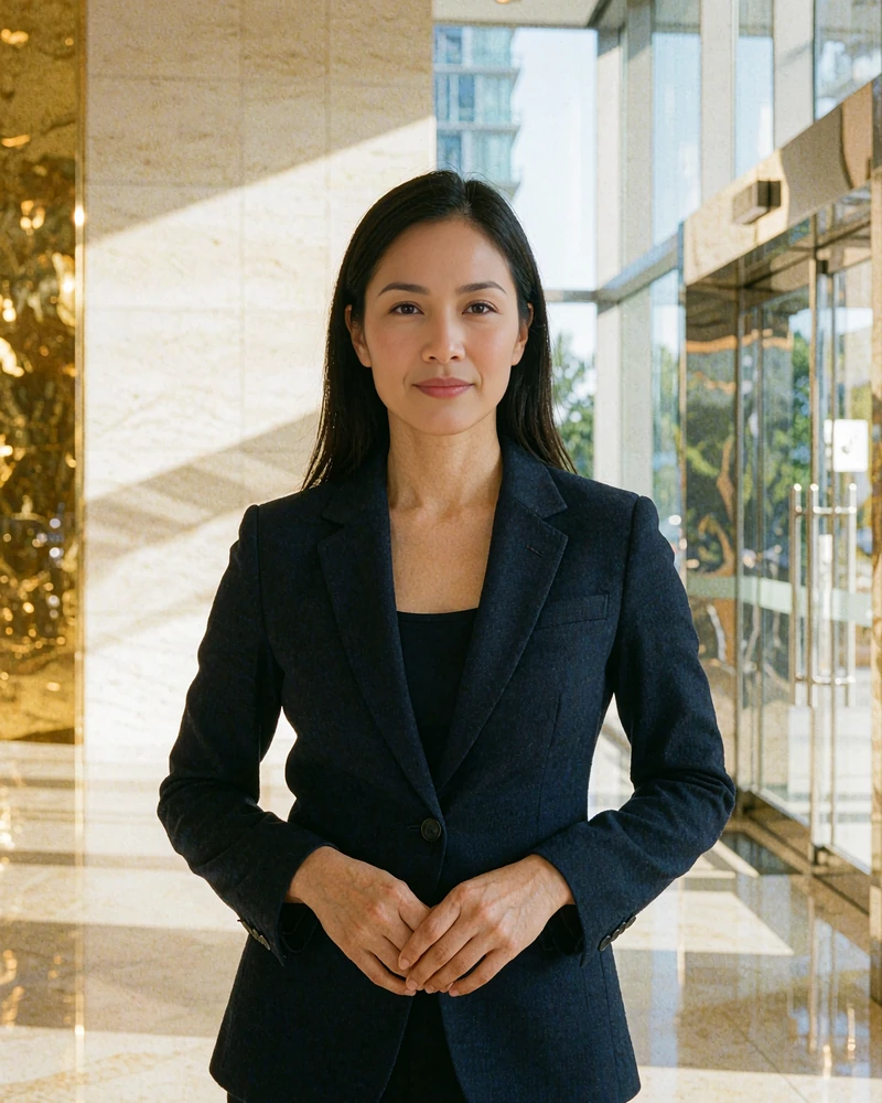 Filipina woman in a tailored navy blazer standing confidently in a bright modern office lobby
