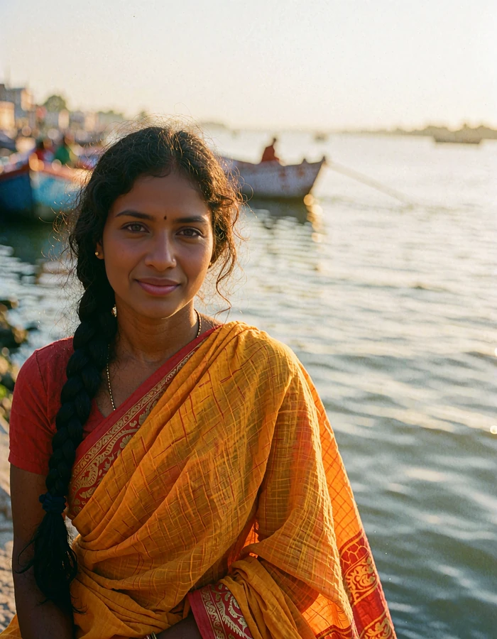 Bangladeshi woman in a marigold yellow saree with a red border beside a wide river at golden hour