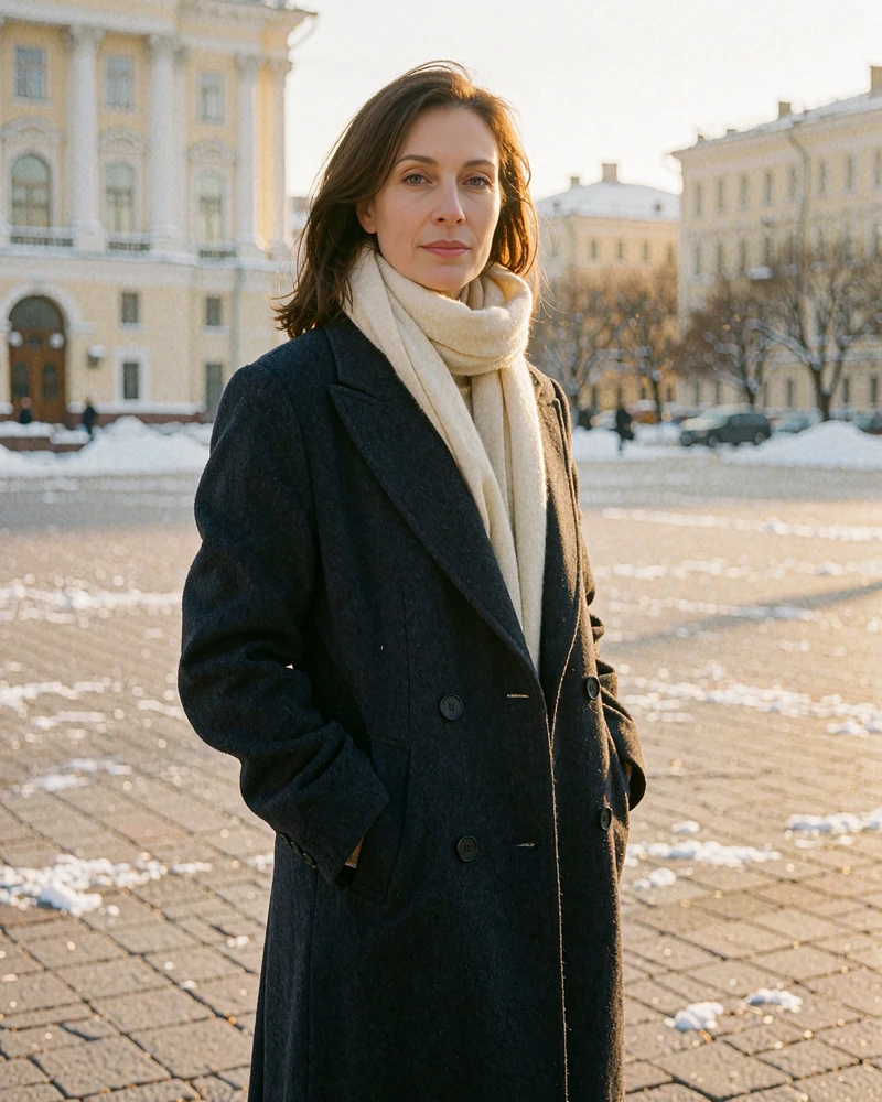 Mongolian woman in a charcoal wool coat standing confidently on a winter city plaza