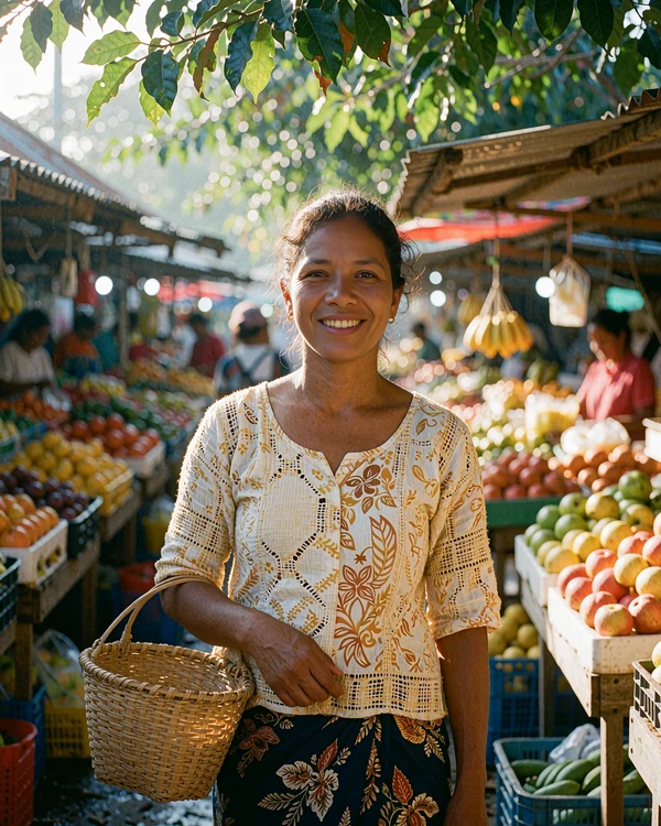 Timorese woman in a light patterned blouse holding a woven basket in an open-air market lane