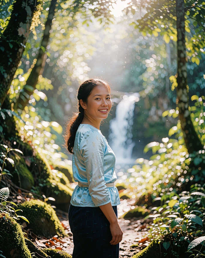 Laotian woman in a light blue blouse on a forest path with a waterfall softly blurred behind her