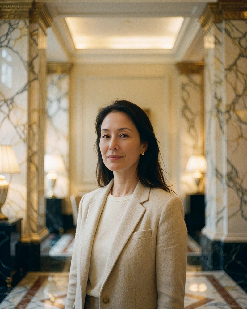Kazakh woman in a beige blazer and ivory top standing in a quiet marble hotel lobby