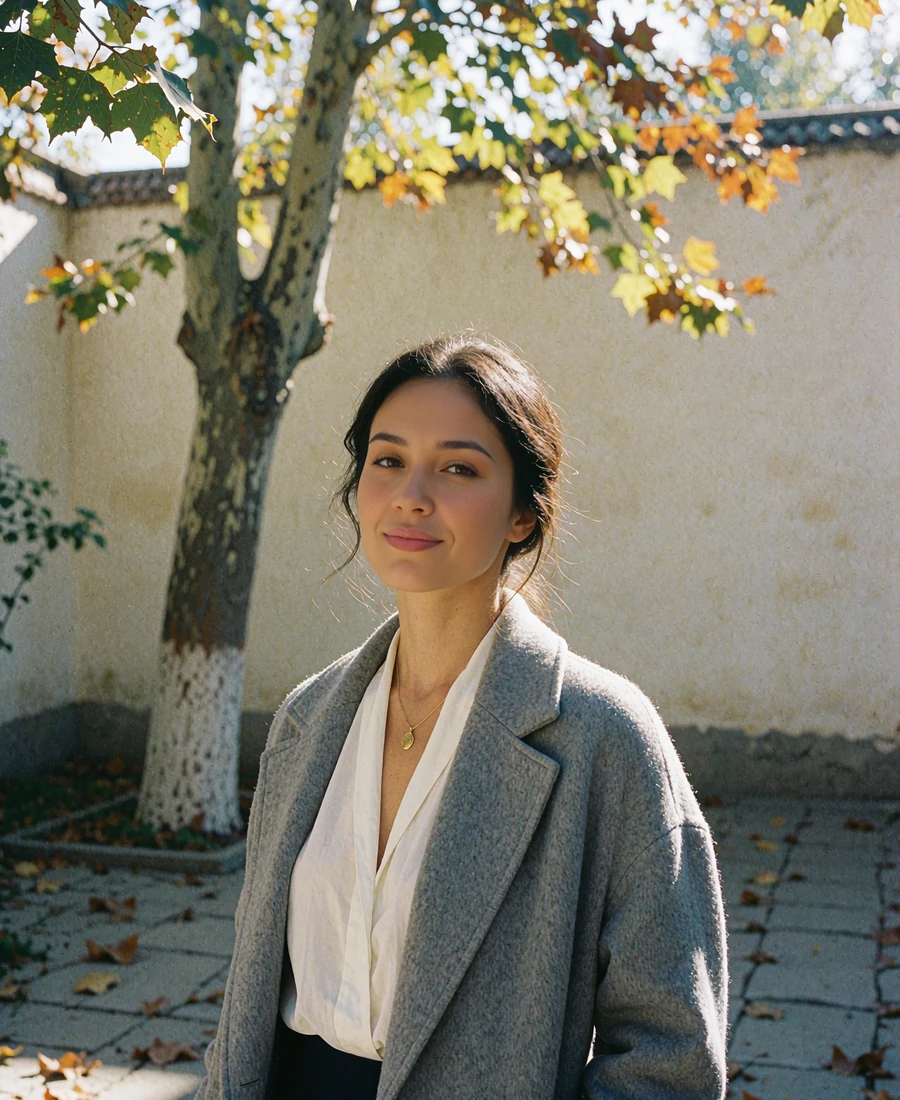 Kyrgyz woman in a soft grey wool coat smiling in a sunlit courtyard in Bishkek