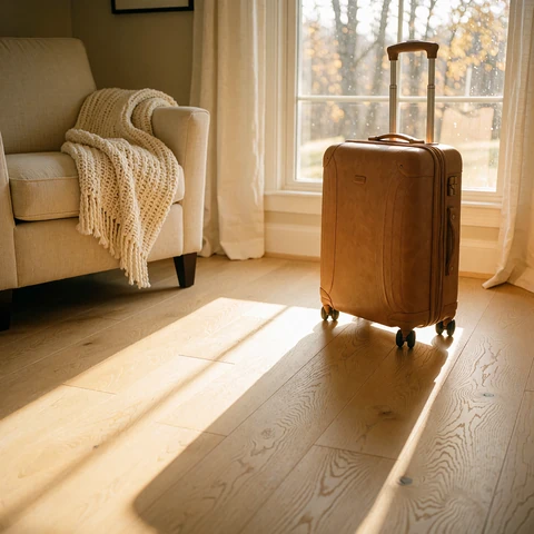 Tan leather suitcase standing beside a sunlit window in a bright new home
