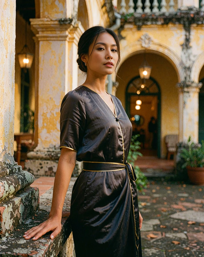 Laotian woman in a charcoal silk dress with gold trim standing in a boutique villa courtyard
