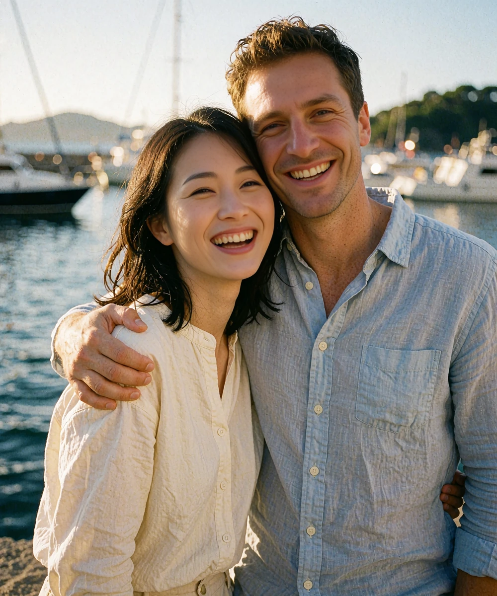 Japanese woman in a cream blouse laughing with a Western man on a harbour promenade at golden hour
