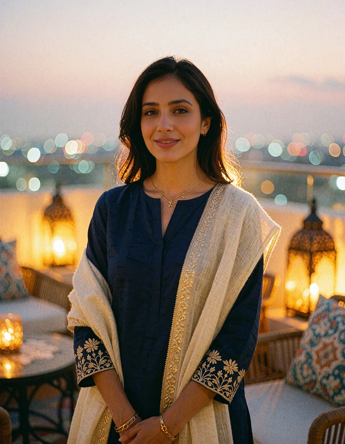 Pakistani woman in a navy kurta with gold cuff embroidery on a rooftop lounge at dusk