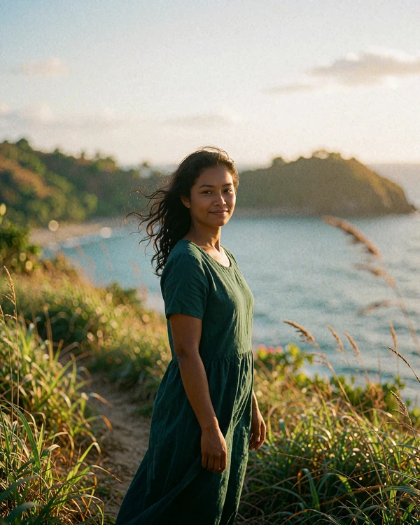 Timorese woman in a deep green dress standing on a grassy hillside path overlooking the sea