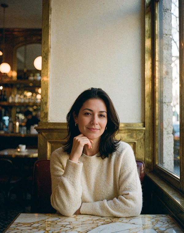 Armenian woman with dark shoulder-length hair smiling at a marble café table beside a tall window