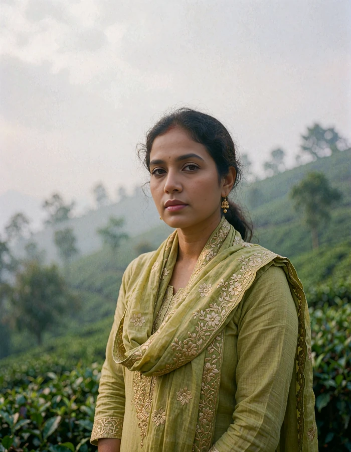 Bangladeshi woman in a moss green salwar kameez with an embroidered scarf on a tea-garden hillside near Sylhet