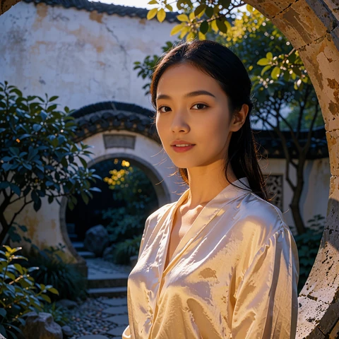Refined young Chinese woman in a pale silk blouse standing in a classical garden courtyard