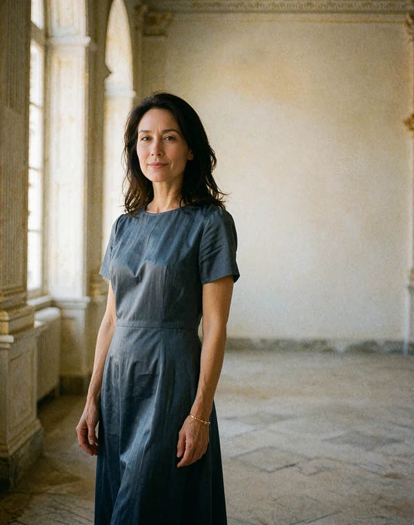 Elegant Jordanian woman in a slate-blue midi dress standing in a bright gallery hall