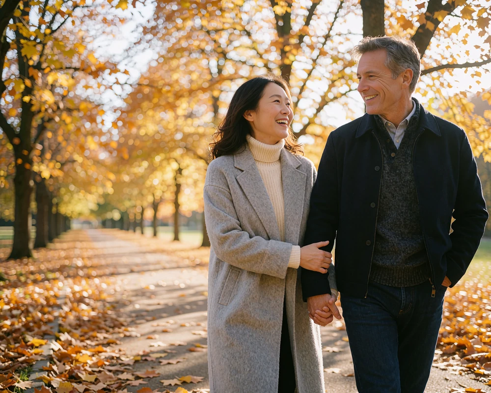 Chinese woman laughing with her Western partner while walking along a tree-lined autumn park path