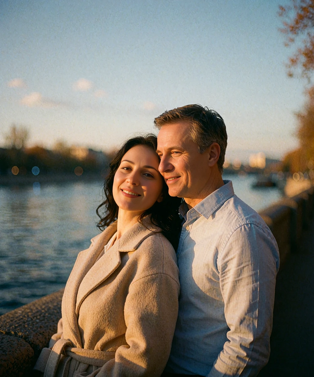 Armenian woman in a beige wrap coat resting against a Western man on a riverside promenade at dusk