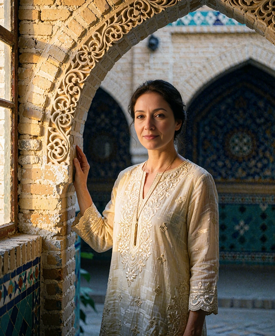 Uzbek woman in an embroidered ivory tunic standing beneath a carved stone archway in a sunlit courtyard