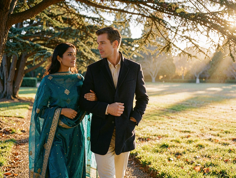 Couple walking arm in arm along a cypress-lined garden path in low golden sunlight